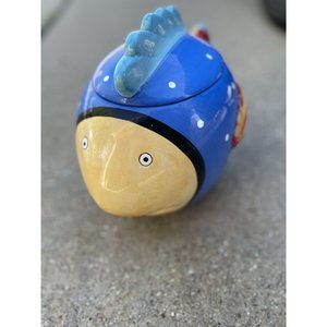 Coco Dowley Large Colorful Fish Cookie Jar Canister Blue Multicolored Vintage